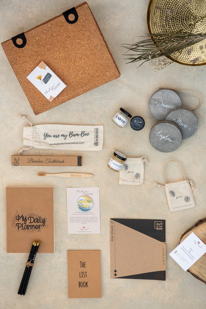 Eco-friendly corporate gift set with cork, bamboo toothbrush and printed cloth pouch